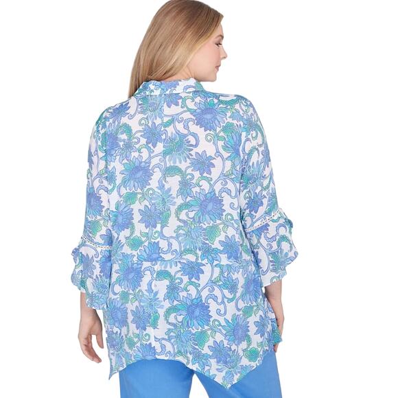 Ruby Rd. Plus Women's Bali Floral Top in Bali Blue Size 2X - Picture 2 of 6